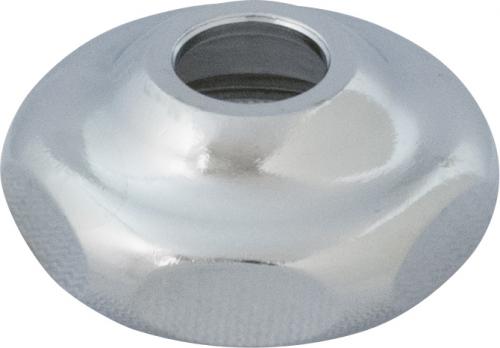 Chrome-plated cap nut with domed design and center opening for faucet installation.