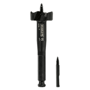 Black self-feed drill bit with spiral tip and wide cutting wings, shown with detached screw point component.