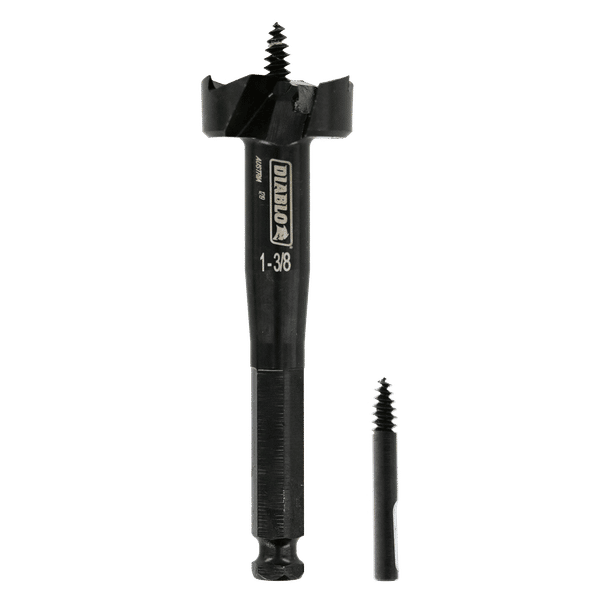 Black self-feed drill bit with spiral tip and wide cutting wings, shown with detached screw point component.