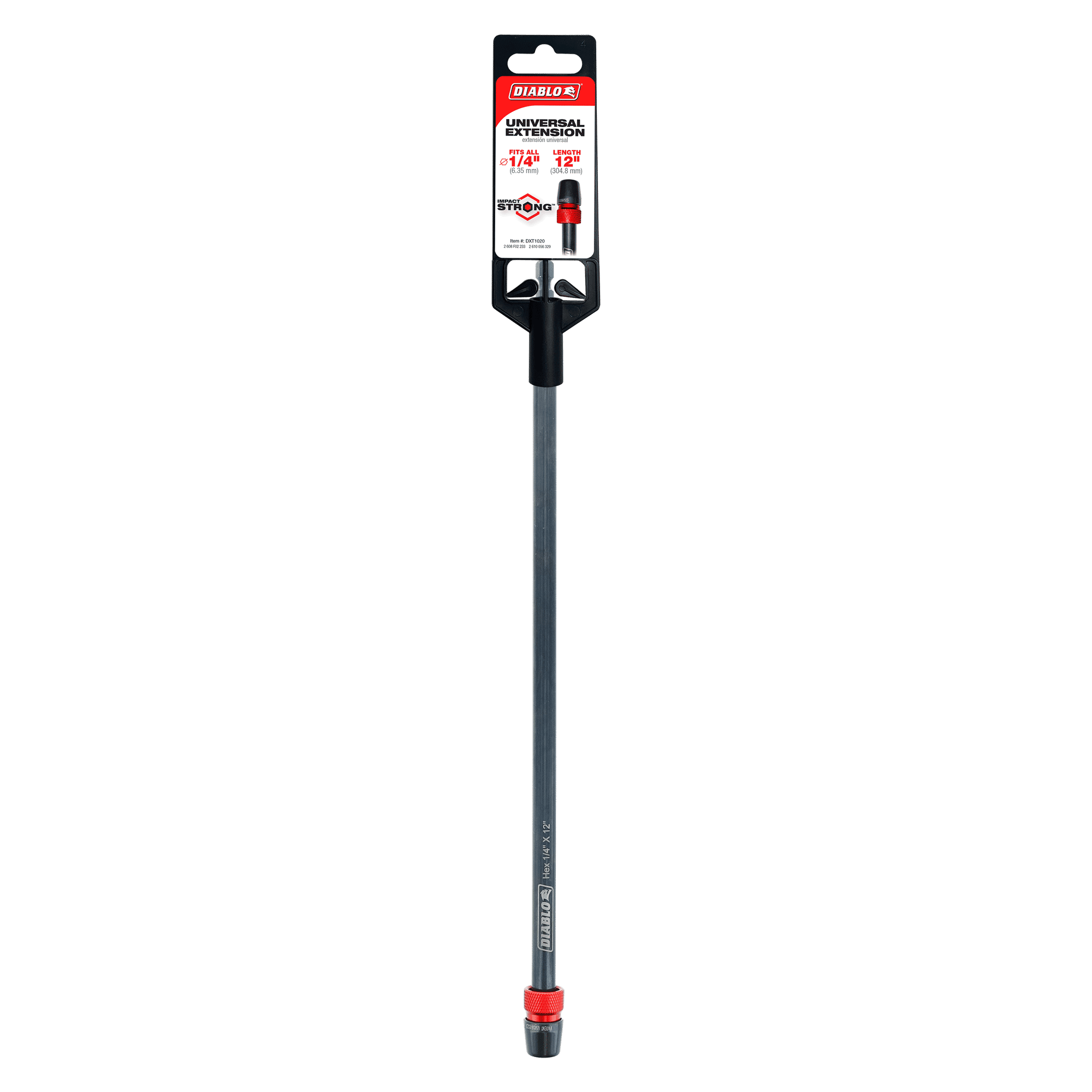 Black and gray drill extension with 1/4 inch hex chuck and red grip collar, 12 inches long.