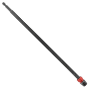 Black metal drill extension with 1/4 inch hex drive and red locking collar at the lower end.