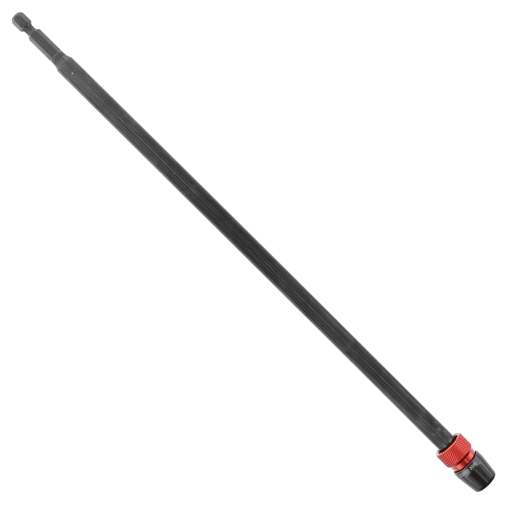 Black metal drill extension with 1/4 inch hex drive and red locking collar at the lower end.