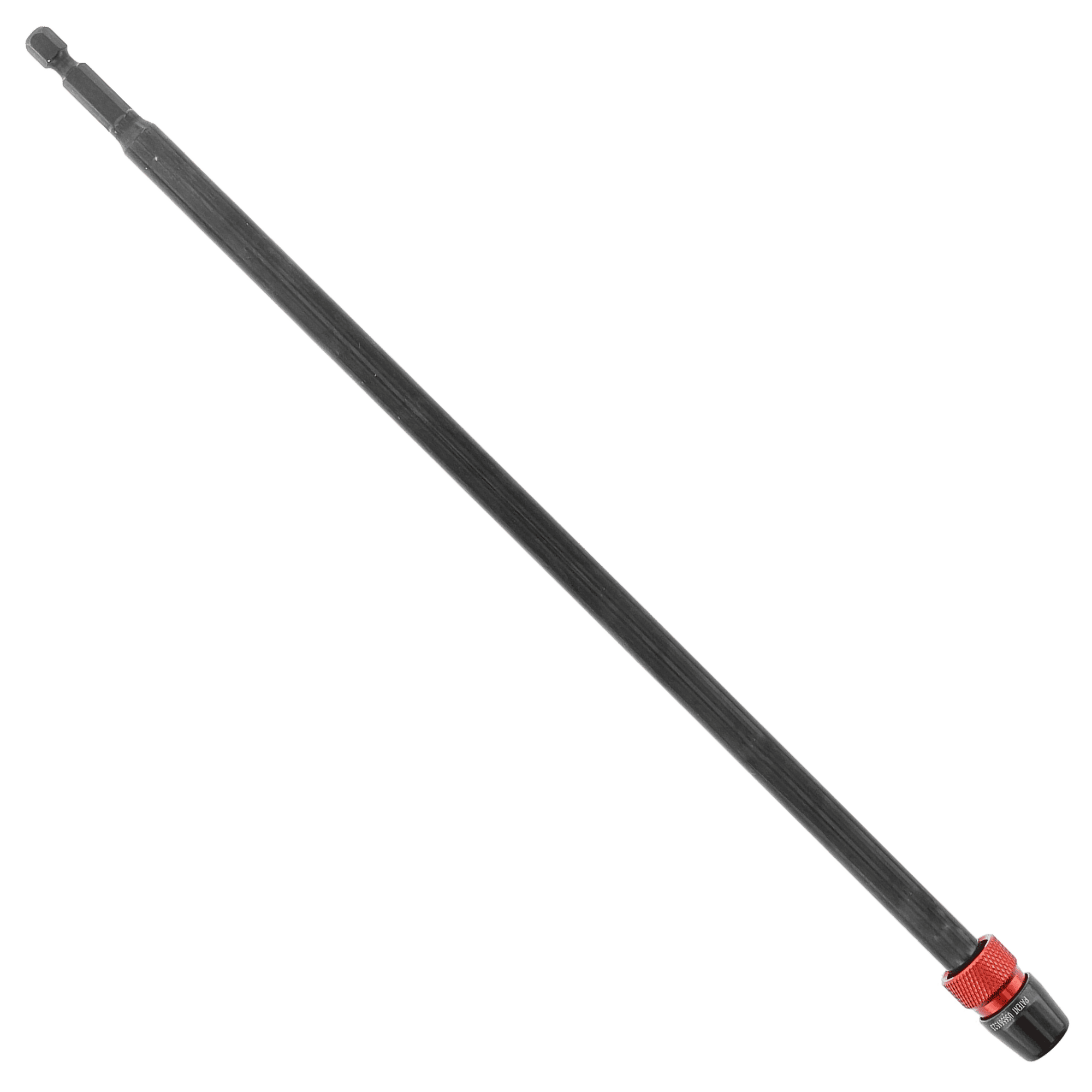 Black metal drill extension with 1/4 inch hex drive and red locking collar at the lower end.