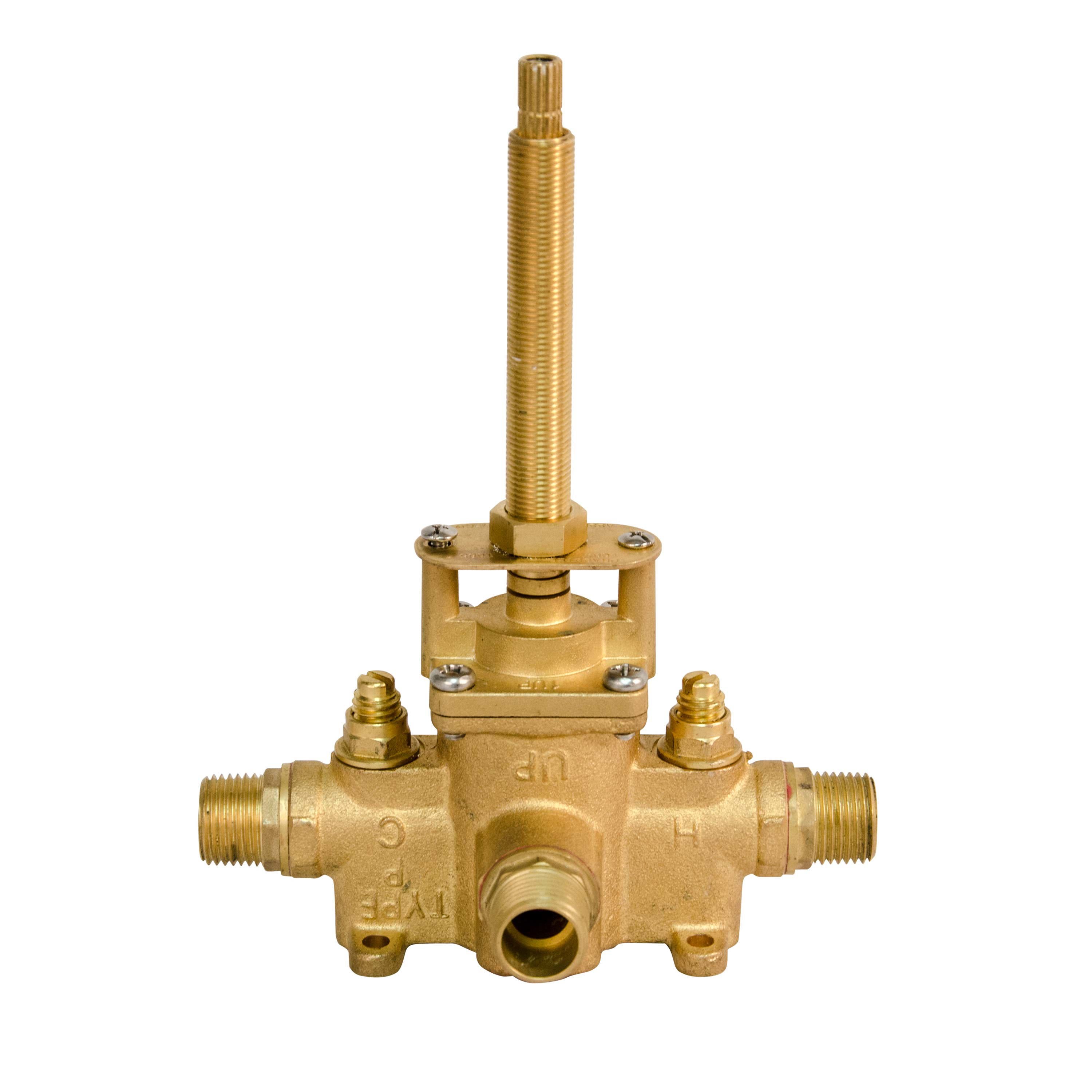 Brass shower valve with threaded ports and vertical adjustment stem with grooved handle on top.