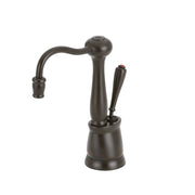 Oil rubbed bronze kitchen faucet with curved spout, single lever handle, and round base.