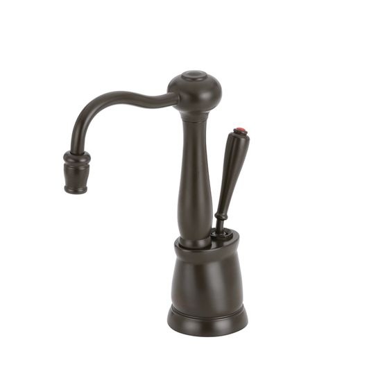 Oil rubbed bronze kitchen faucet with curved spout, single lever handle, and round base.
