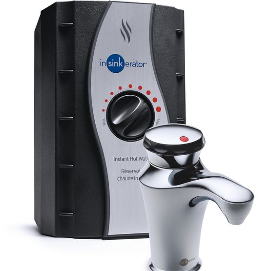 InSinkErator Invite Contour instant hot water dispenser system with chrome faucet and control unit featuring temperature dial
