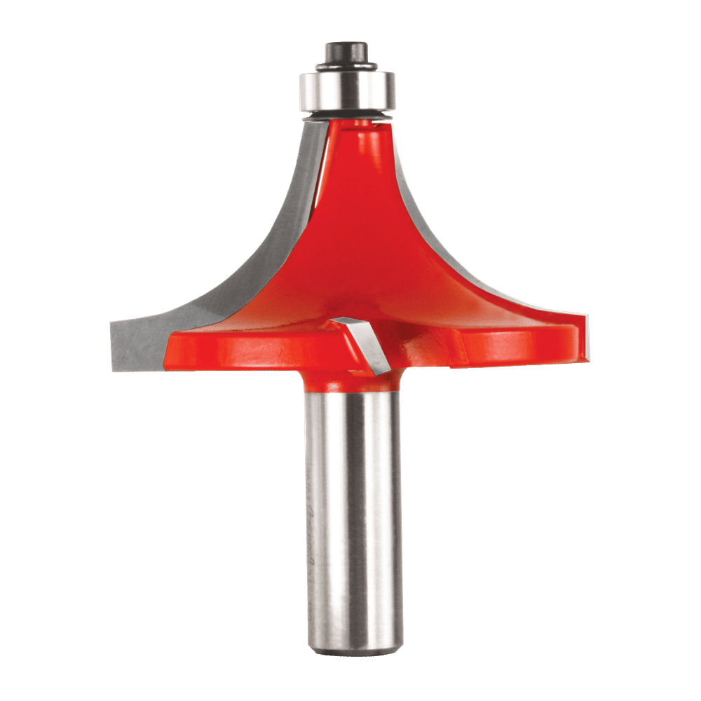 Red and silver rounding over router bit with 1" radius cutting head and cylindrical steel shank.