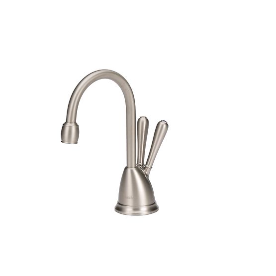 Satin nickel instant hot and cold water dispenser with curved spout and dual lever handles on round base.