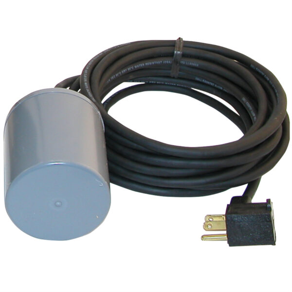 Float switch with cylindrical white and blue float, 15 ft black power cord, and electrical plug connector.