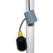 Mechanical float switch with gray external weight mounted on white pipe, black bulb float, and dark cord.