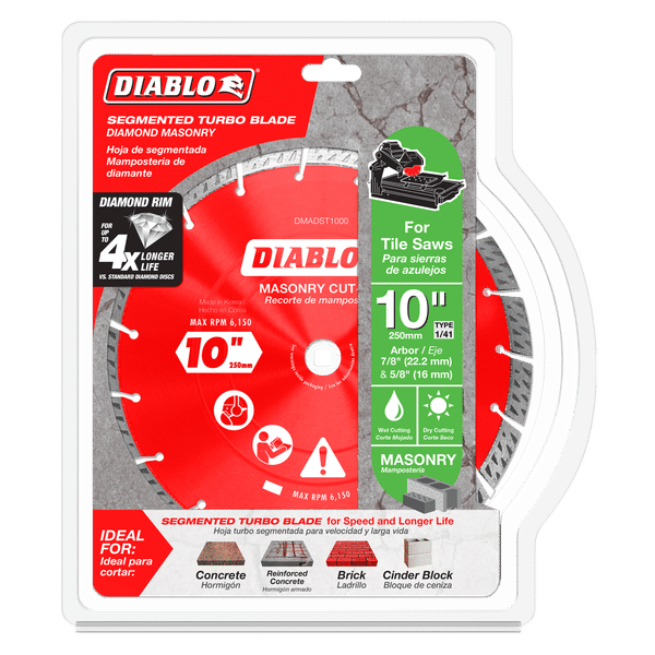 Red diamond segmented turbo cut-off disc with white center hole and gray diamond rim for masonry cutting.