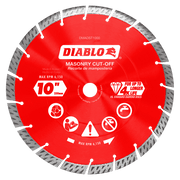 Red and gray 10-inch diamond segmented turbo cut-off disc with Diablo branding and masonry specifications printed on surface.