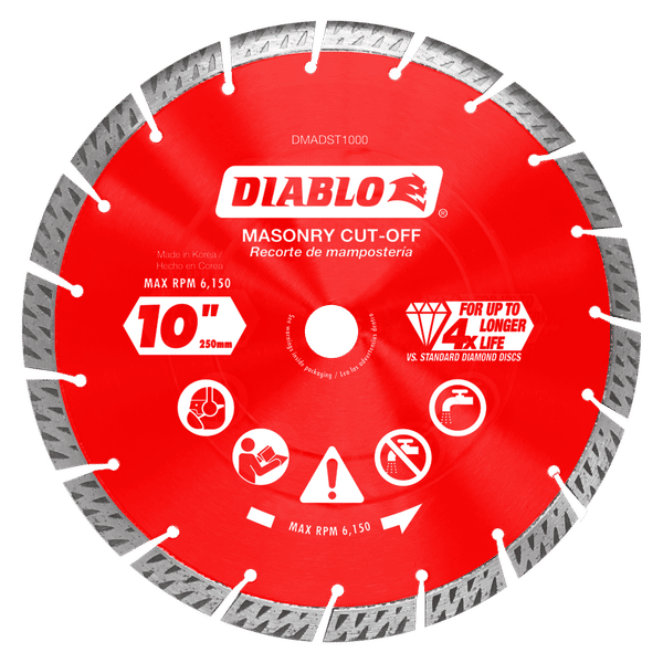 Red and gray 10-inch diamond segmented turbo cut-off disc with Diablo branding and masonry specifications printed on surface.