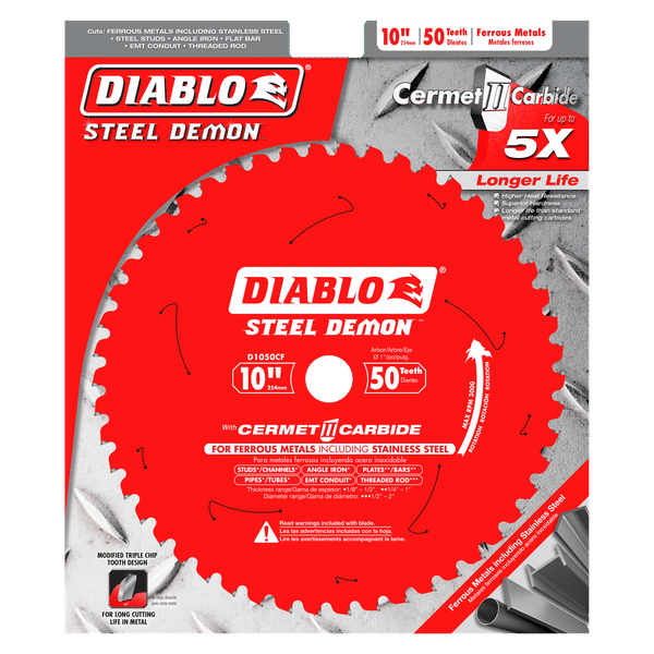 Red circular saw blade labeled "Diablo Steel Demon" with 50 carbide teeth, 10-inch diameter, on retail packaging.