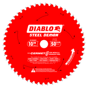 Red circular saw blade with 50 teeth, 10-inch diameter, white center arbor hole, and Diablo Steel Demon Cermet II branding.