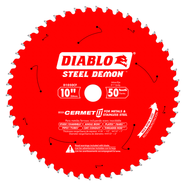 Red circular saw blade with 50 teeth, 10-inch diameter, white center arbor hole, and Diablo Steel Demon Cermet II branding.