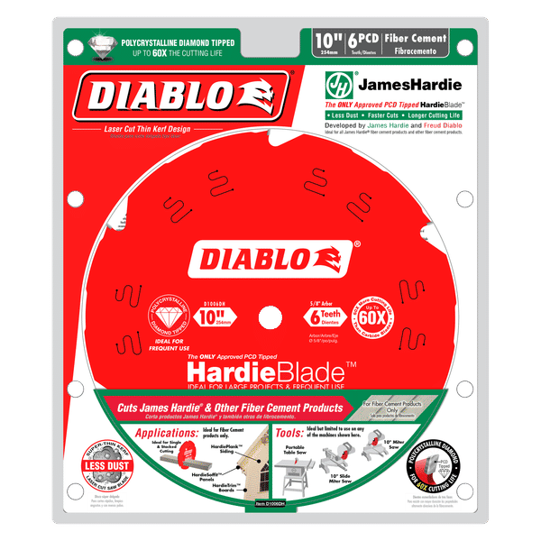 Diablo HardieBlade 10-inch circular saw blade with 6 teeth, diamond-tipped, red disc on packaging.