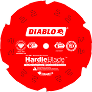 Red circular saw blade with 6 teeth, 10 inch diameter, Diablo HardieBlade branding and specifications printed on surface.