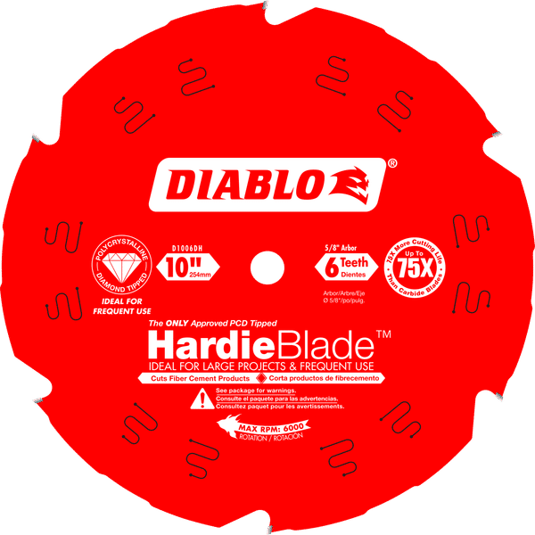 Red circular saw blade with 6 teeth, 10 inch diameter, Diablo HardieBlade branding and specifications printed on surface.