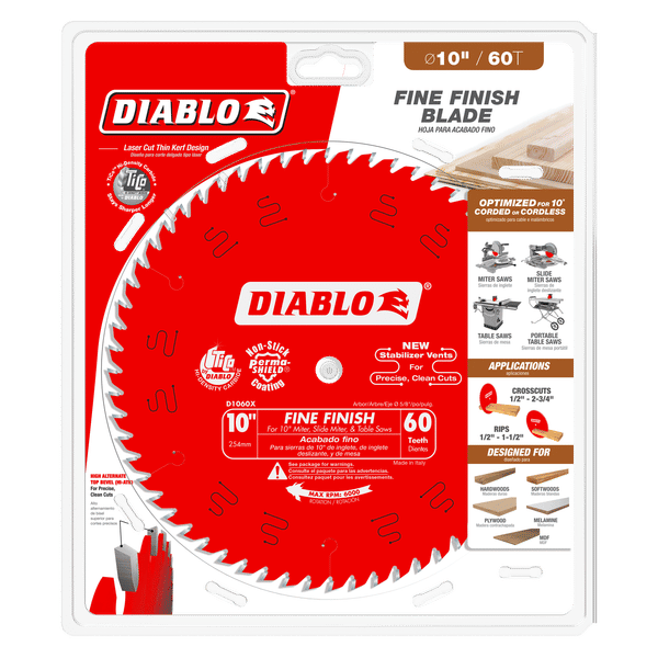 Red Diablo saw blade with 60 white teeth, labeled "10 inch" and "Fine Finish," displayed in clear plastic packaging.