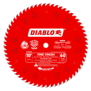 Red circular saw blade with 60 teeth, white center hub, and Diablo branding for fine finish cuts.