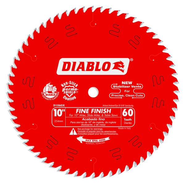 Red circular saw blade with 60 teeth, white center hub, and Diablo branding for fine finish cuts.