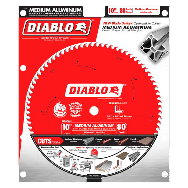 Diablo 10-inch circular saw blade with 80 teeth on red packaging, designed for cutting medium aluminum.