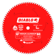 Red circular saw blade with 80 white teeth around the edge, Diablo branding in center, labeled for medium aluminum cutting.