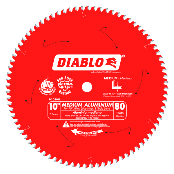Red circular saw blade with 80 white teeth around the edge, Diablo branding in center, labeled for medium aluminum cutting.