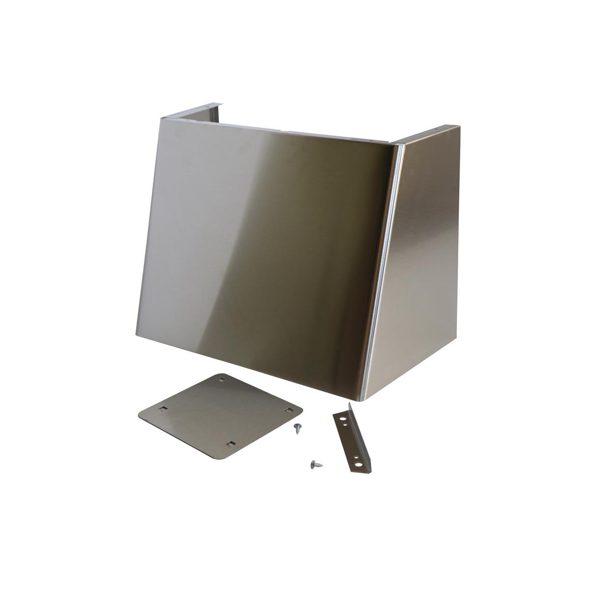 Stainless steel wrapper kit with hinged panels, mounting plate, bracket, and fasteners.