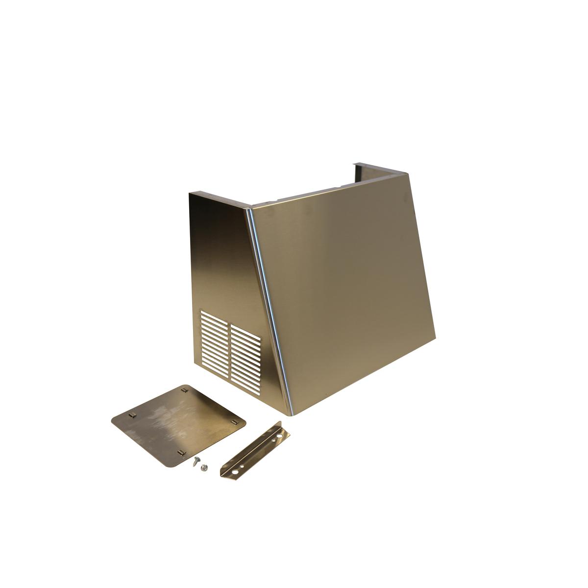 Stainless steel Elkay wrapper kit with louvered panel, flat plate, hinge, and fasteners.