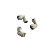 Three cream-colored plastic elbow connectors with black sealing rings, 5/16" x 1/4" sizes.