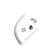 White flexible drain hose, elbow connector, metal drain body, rubber gasket, and aluminum tube components.