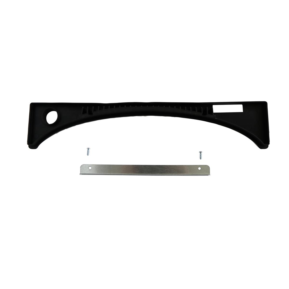 Black curved gasket component with mounting hole, metal strip, and two screws included.