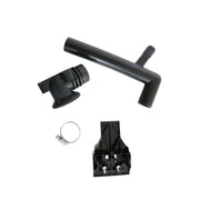 Black plastic drain components including curved pipes, connector piece, metal clamp, and mounting bracket assembly.