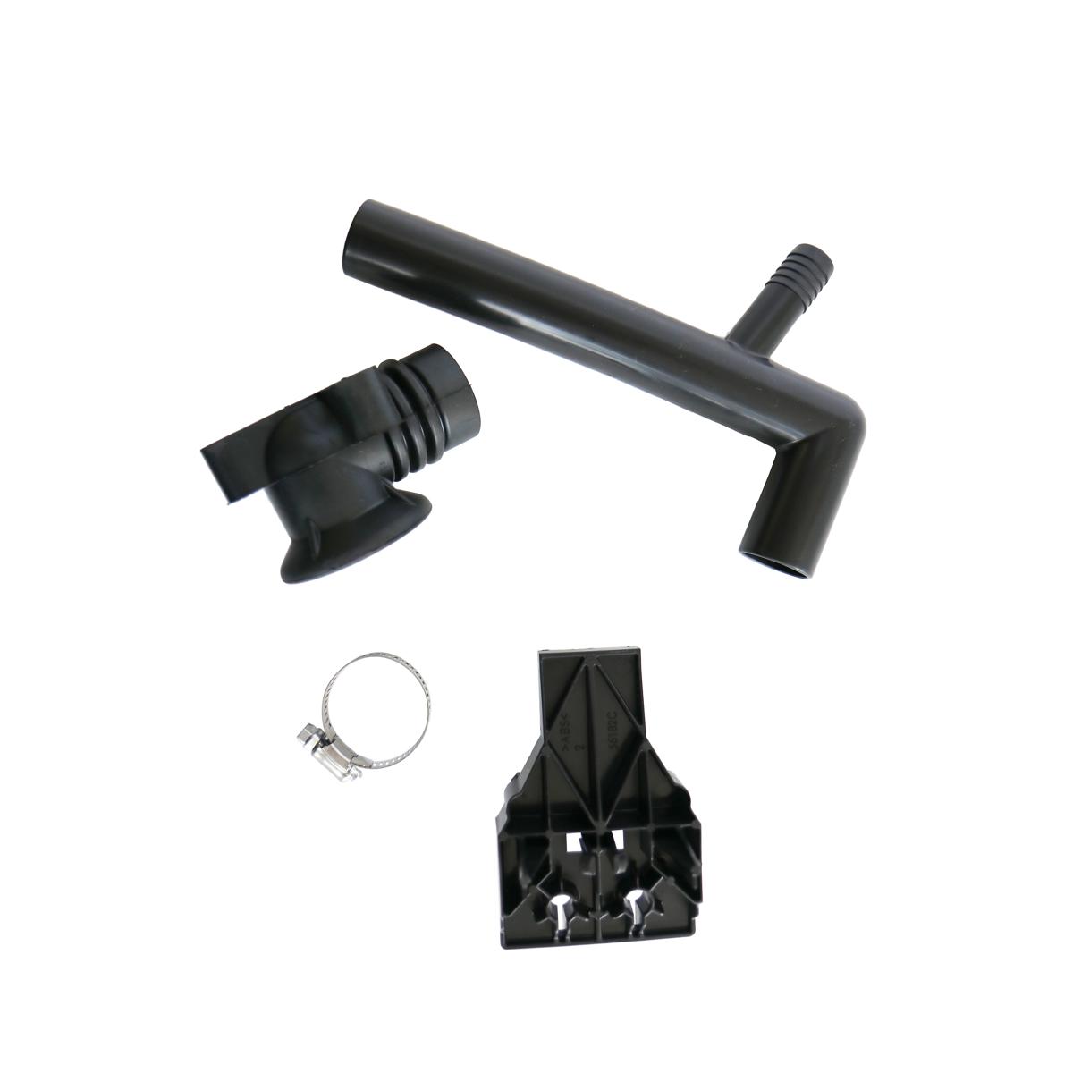 Black plastic drain components including curved pipes, connector piece, metal clamp, and mounting bracket assembly.