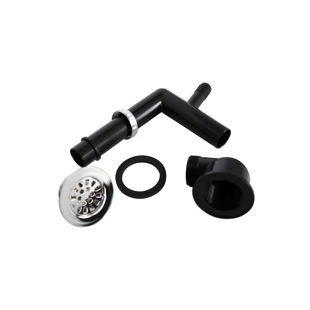 Black drain replacement kit with chrome strainer basket, rubber seal, black pipe assembly, and drain cup components.