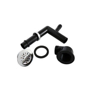 Black drain replacement kit with chrome strainer basket, rubber seal, black pipe assembly, and drain cup components.