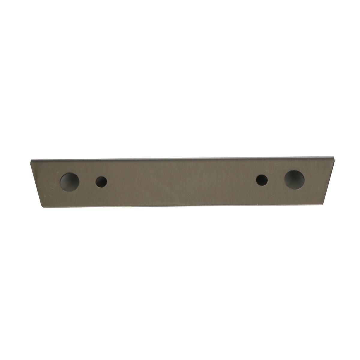 Stainless steel bracket trim strip with four circular mounting holes along its length.