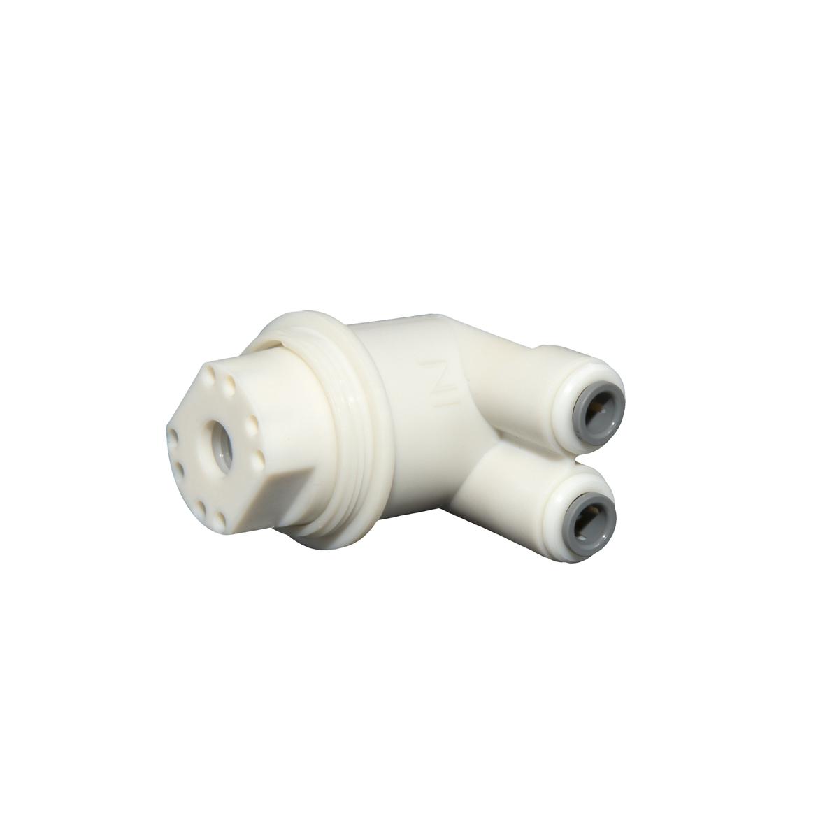 White plastic Elkay regulator kit with threaded inlet connection and two outlet ports with gray push-fit connectors.