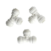 Three white plastic 1/4" tee fittings with threaded connectors shown from different angles.