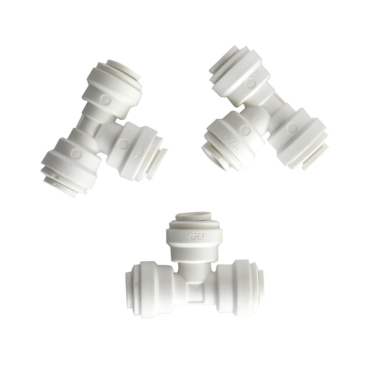 Three white plastic 1/4" tee fittings with threaded connectors shown from different angles.