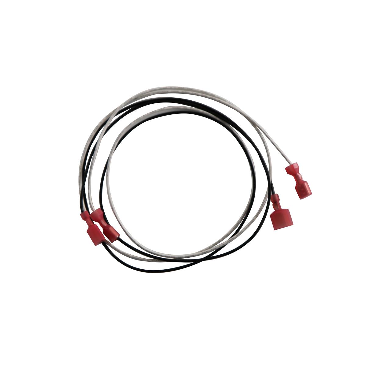 Coiled extension wire with black and gray insulation and red connector terminals.
