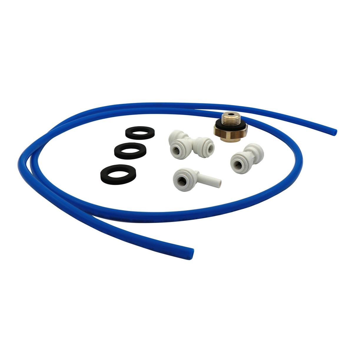 Blue tubing, brass fitting, white connectors, and black seals included in glass filler hardware and waterway kit.