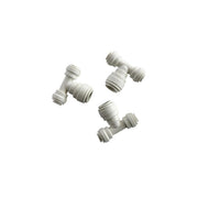 Three white plastic tee fittings with threaded connectors on white background.