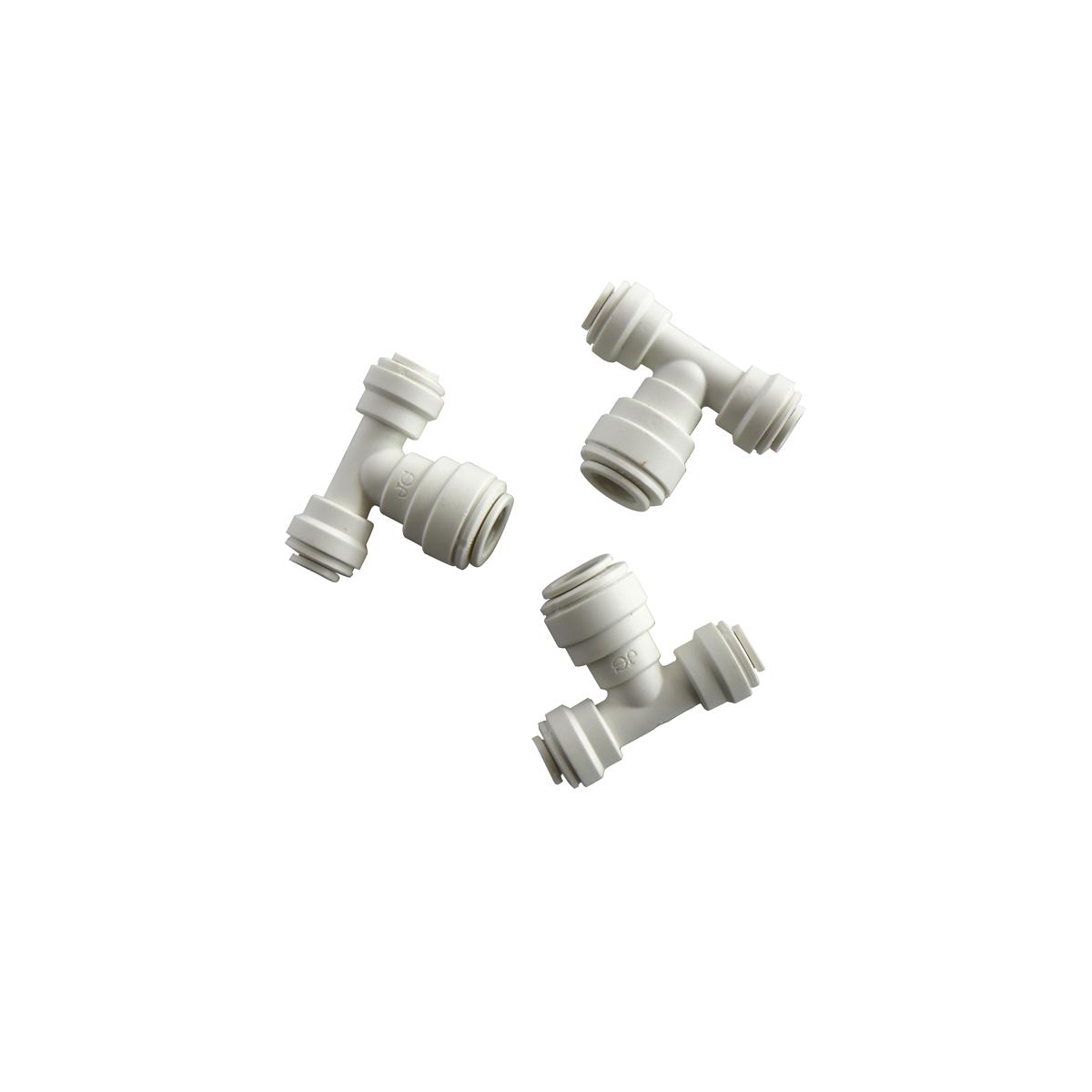 Three white plastic tee fittings with threaded connectors on white background.