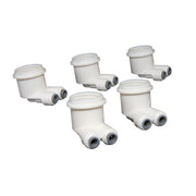 Five white plastic regulator holders with threaded ports and screw-on caps arranged in a group.