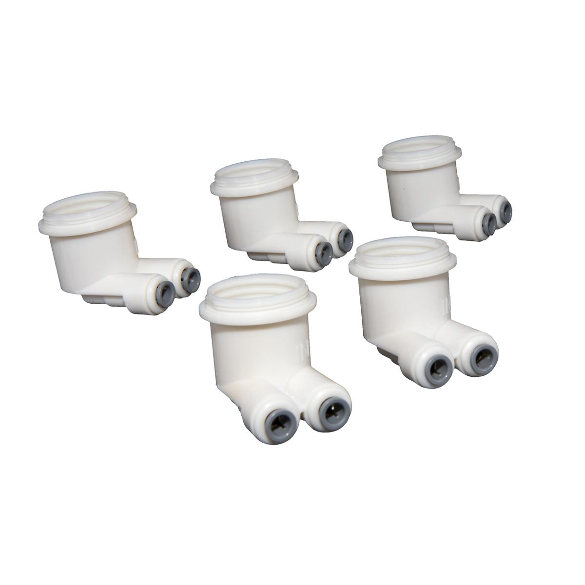 Five white plastic regulator holders with threaded ports and screw-on caps arranged in a group.
