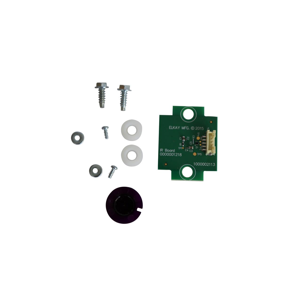 Elkay IR sensor kit components including green circuit board, black sensor dome, screws, and washers.